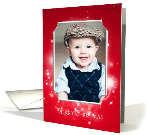 Merry Christmas-photo card frame with bokeh lights on red card