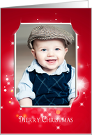 Merry Christmas-photo card frame with bokeh lights on red card