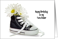 Twin Sister Birthday-daisy bouquet in a black and white sneaker card