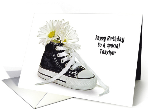 Teacher's Birthday, daisy bouquet in a black and white sneaker card