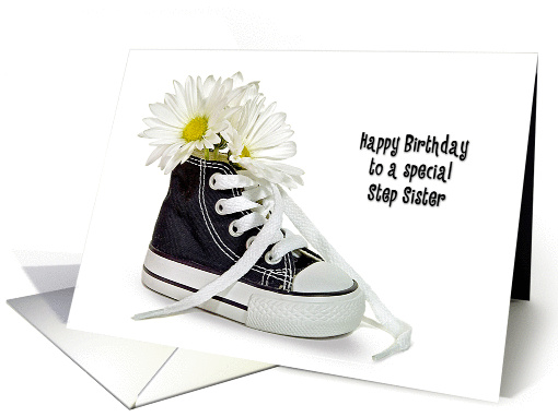 Step Sister's Birthday-daisy bouquet in a black and white sneaker card