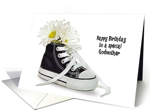 Godmother's Birthday daisy bouquet in a black and white sneaker card