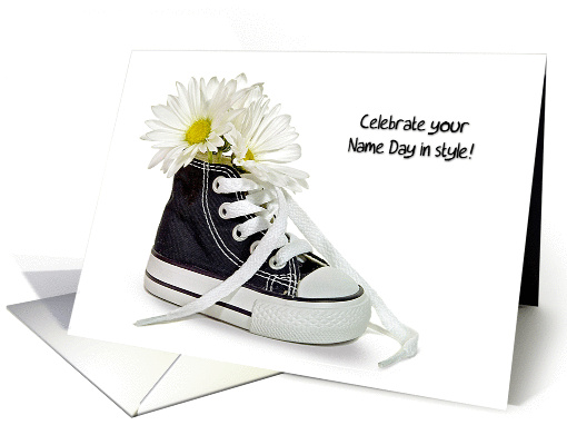 Sister's Name Day-daisy bouquet in a black and white sneaker card