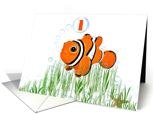1st Birthday for Grandson clown fish with bubbles and starfish card