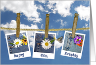 60th Birthday, daisy in pocket and butterfly photos on clothesline card