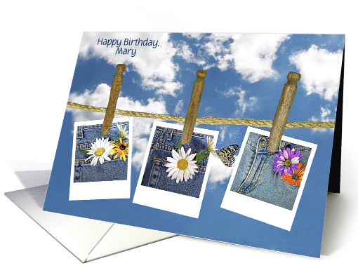 Name Specific Birthday daisy in jean pocket photos on clothesline card