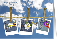 Name Specific Birthday daisy in jean pocket photos on clothesline card