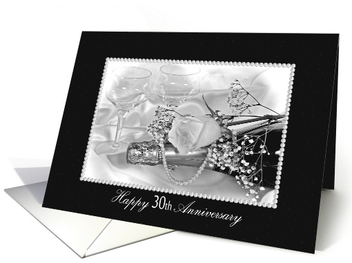 30th Wedding Anniversary, rose and pearls on champagne bottle card
