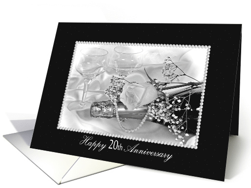20th Wedding Anniversary rose and pearls on champagne bottle card