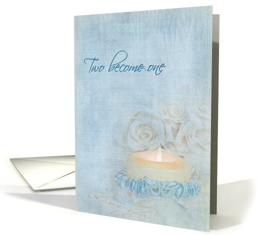 Niece and Husband's wedding blue garter on candle with roses card