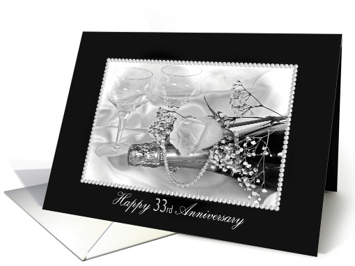 33rd Wedding Anniversary-rose and pearls on champagne bottle card