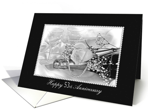 53rd Wedding Anniversary rose and pearls on champagne bottle card