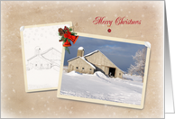 Merry Christmas-old barn in snapshot frame on snowflake background card