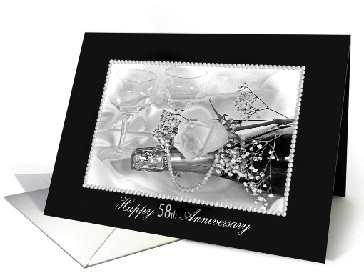 58th Wedding Anniversary-rose and pearls on champagne bottle card