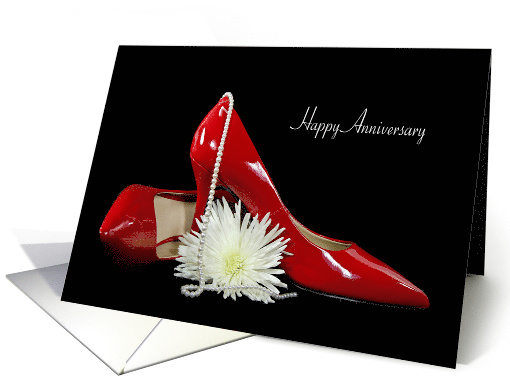 Anniversary for husband, red pumps with pearls and chrysanthemum card