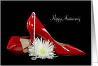 Anniversary for husband, red pumps with pearls and chrysanthemum card