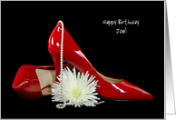 Red High Heels with Pearls and Flower for Name Specific Birthday card