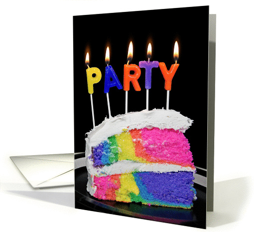 Birthday-rainbow party cake with candles on black card (1334100)