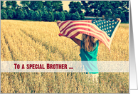 Military thank you to Brother-girl with American flag in wheat field card
