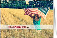 Military thank you to Wife-girl with American flag in wheat field card