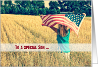 Military thank you to Son-young girl with American flag in a field card