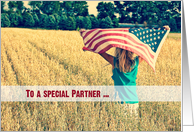 Military thank you to Partner-girl with American flag in a field card