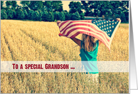 Military thank you to Grandson-girl with American flag in a field card