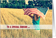 Military thank you to Godson-girl with American flag in a field card