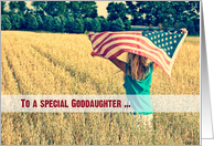 Military thank you to Goddaughter-girl with American flag in a field card