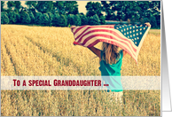 Military thank you to Granddaughter-girl with American flag in a field card