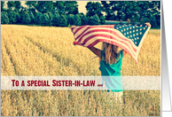 Military thank you to Sister-in-law-girl with American flag in a field card