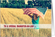 Military thanks to Daughter-in-law -girl with American flag in a field card