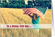 Military thank you to Step Dad-girl with American flag in a field card