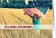 Military thank you to Step Brother-girl with American flag in a field card