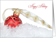 Happy Holidays-red Christmas ornament in snow with elegant ribbon card