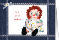 Daughter’s Birthday-old rag doll with daisy bouquet card