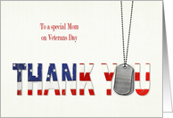 Mom’s Veterans Day-military dog tags with flag thank you card