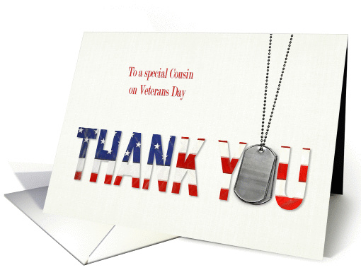 Cousin's Veterans Day-military dog tags with flag thank you card