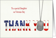 Daughter’s Veterans Day, Military Dog Tags With Flag Thank You card