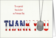 Son in law’s Veterans Day, military dog tags with flag thank you card