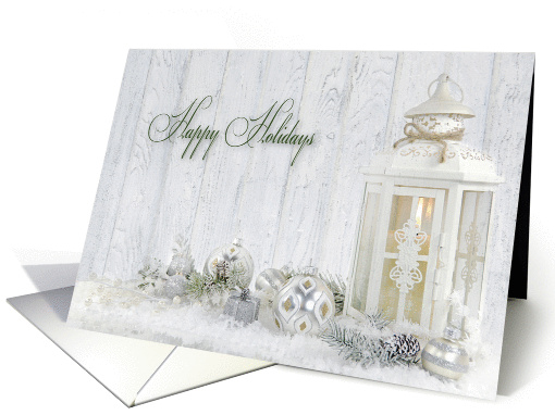 Happy Holidays- white lantern with holiday ornaments and... (1336934)
