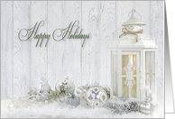 Happy Holidays- white lantern with holiday ornaments and pine cones card