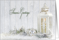 Season’s Greetings- white lantern with holiday ornaments card