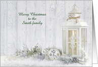 Christmas name specific white candle lantern with ornaments in snow card