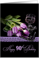 90th Birthday purple tulips with wine glass on silver tray card