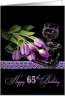65th Birthday purple tulips with wine glass on silver tray card