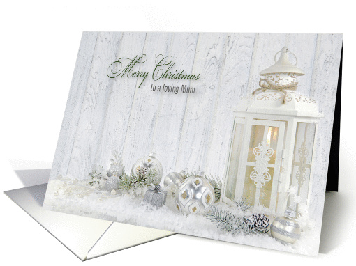 Mum's Christmas-lantern with holiday ornaments and pine cones card