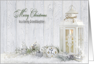 Granddaughter’s Christmas, white candle lantern with holiday ornaments card