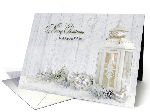 Friend's Christmas lantern candle with holiday ornaments in snow card