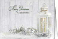 Friend’s Christmas lantern candle with holiday ornaments in snow card